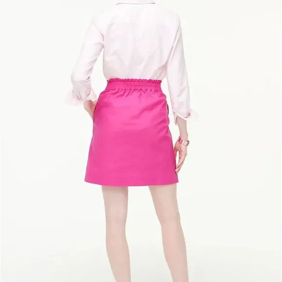 J. Crew 00 Hot Pink Linen Paper Bag Style Elastic Cinched Waist w/ Pockets Skirt - Picture 3 of 8
